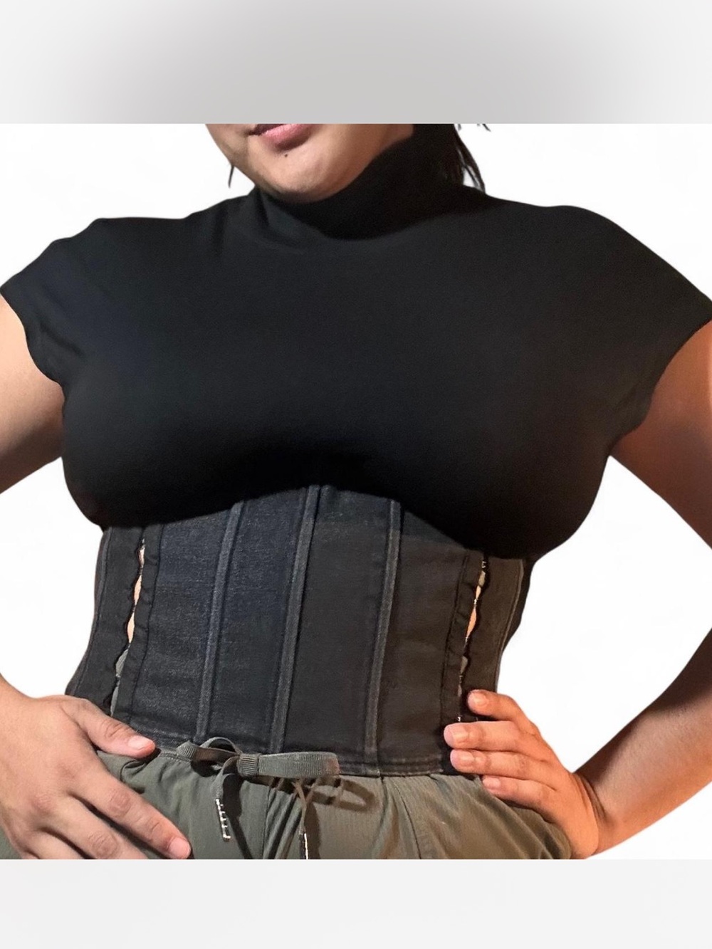 Women's Black Mock Neck Short-Sleeve Top with Waist Cincher Styling